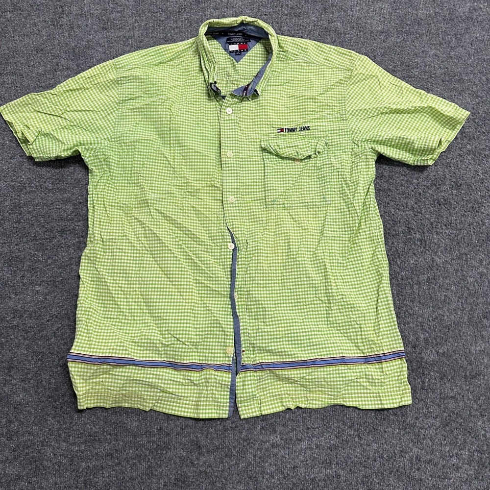 Tommy Jeans Shirt Mens XL Green Gingham Cotton Short Sleeve Button Down Pocket